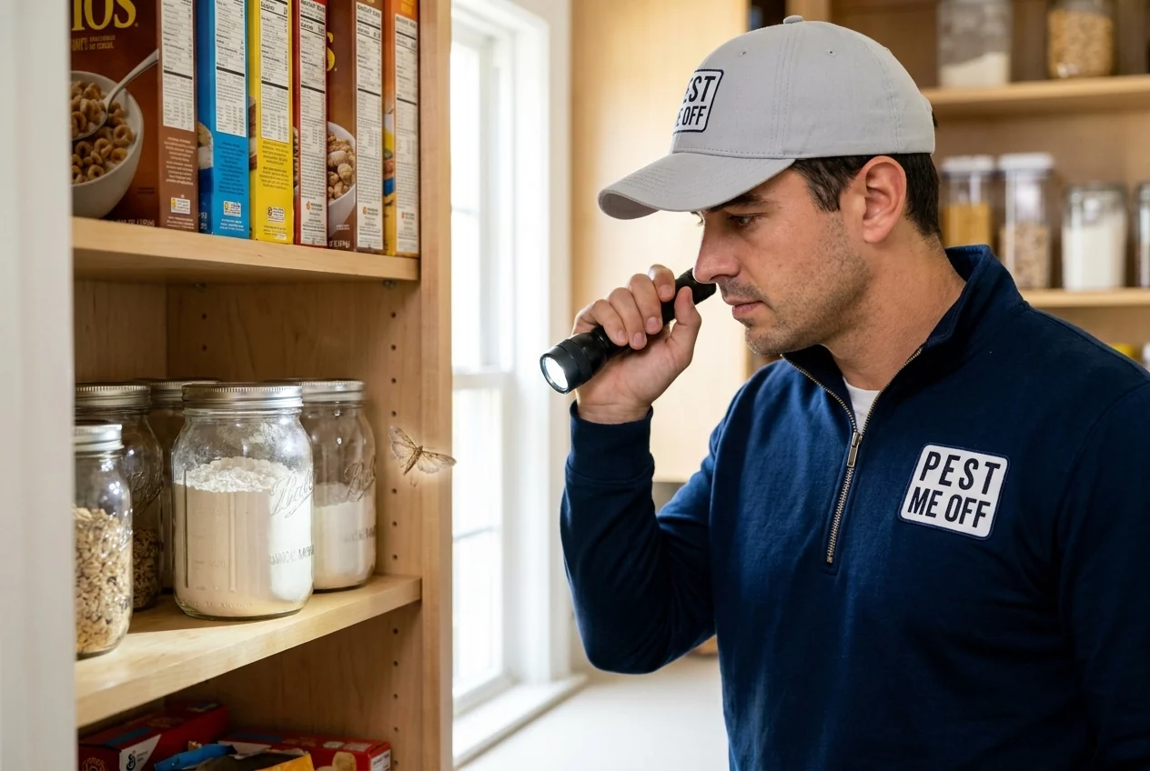 Pest Me Off technician inspecting a kitchen pantry shelf for pantry moths in a McKinney TX home