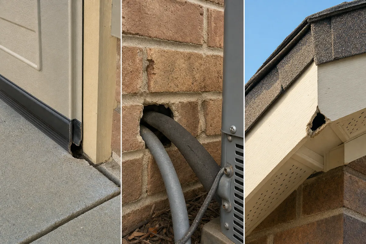 Three common rodent entry points on McKinney TX homes: a gnawed garage-door corner, a gap where the AC line enters the brick, and a chewed hole at the roof eave