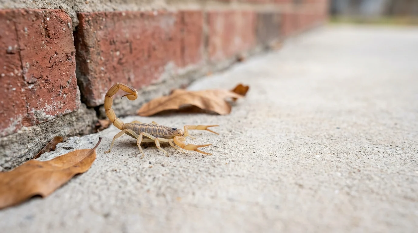 A Texas striped bark scorpion on a brick and concrete home foundation in McKinney TX
