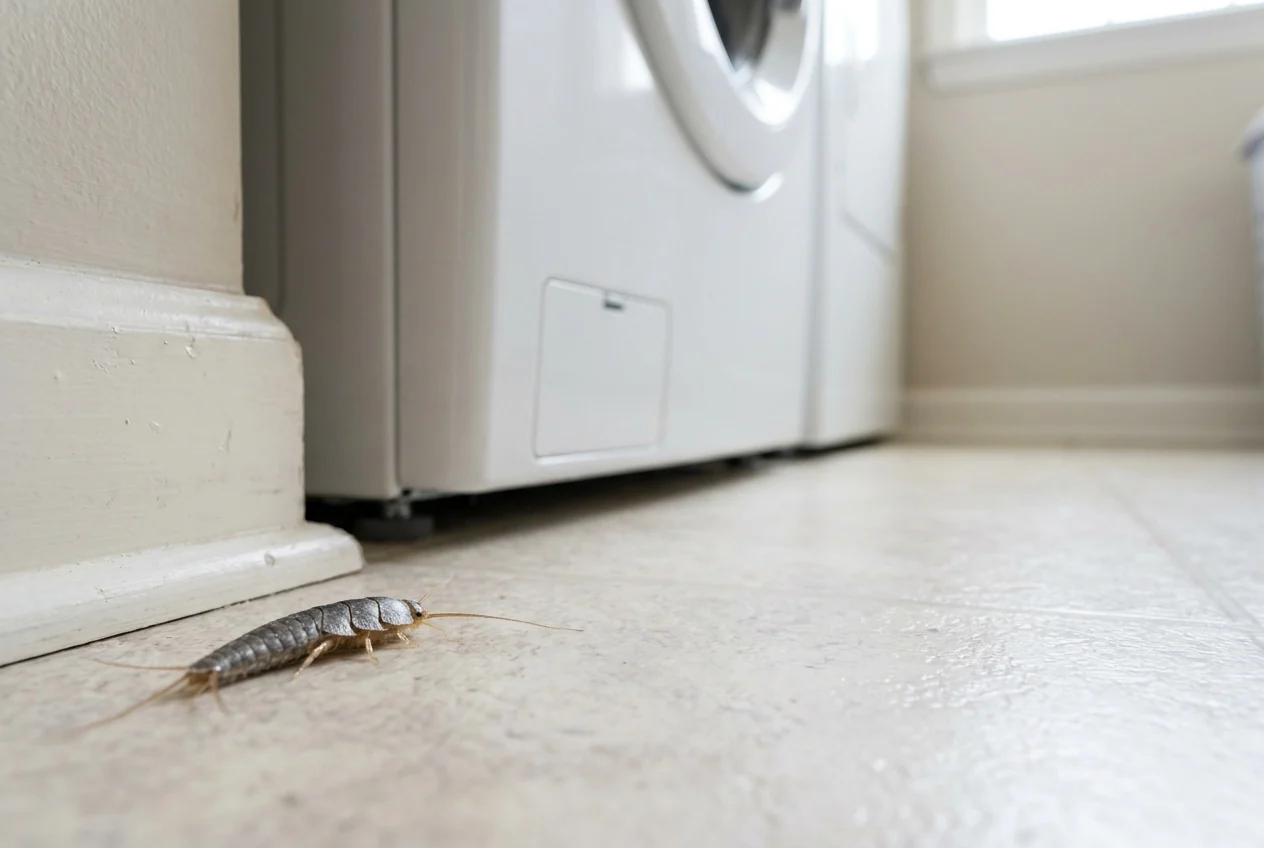 A silver silverfish on the floor by a washing machine in a laundry room, a common silverfish found in McKinney TX homes
