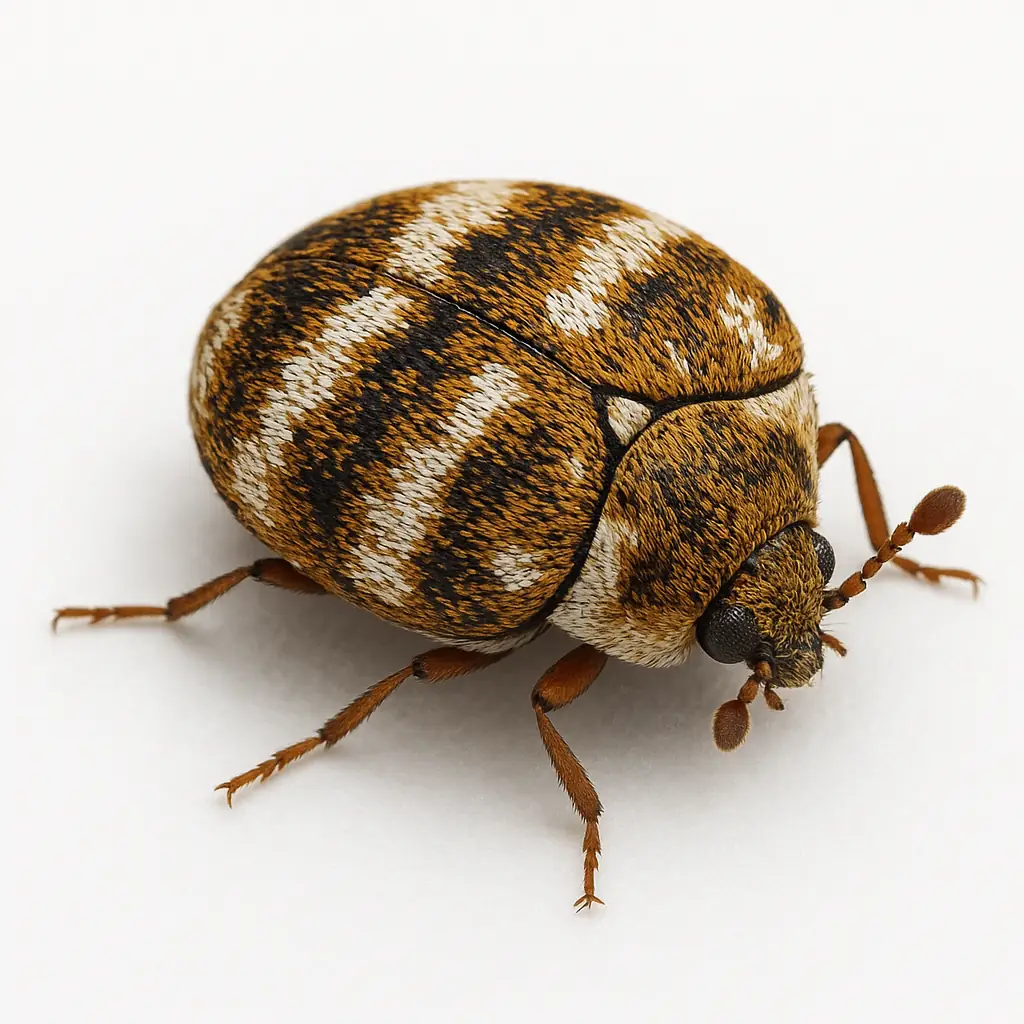 Varied carpet beetle with mottled white and brown scale bands found in a McKinney TX home