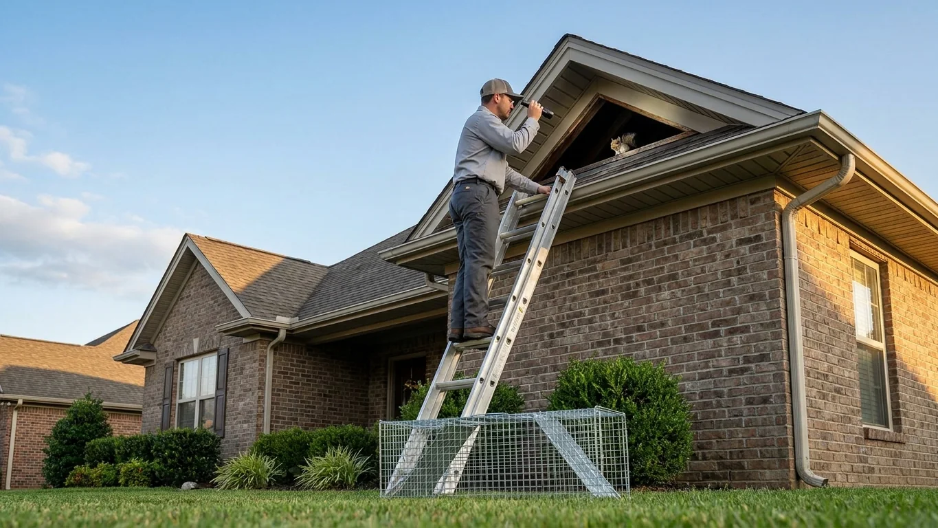 Pest Me Off wildlife removal technician on a ladder inspecting a roofline gable vent where a squirrel got into a McKinney TX attic, humane cage trap ready below