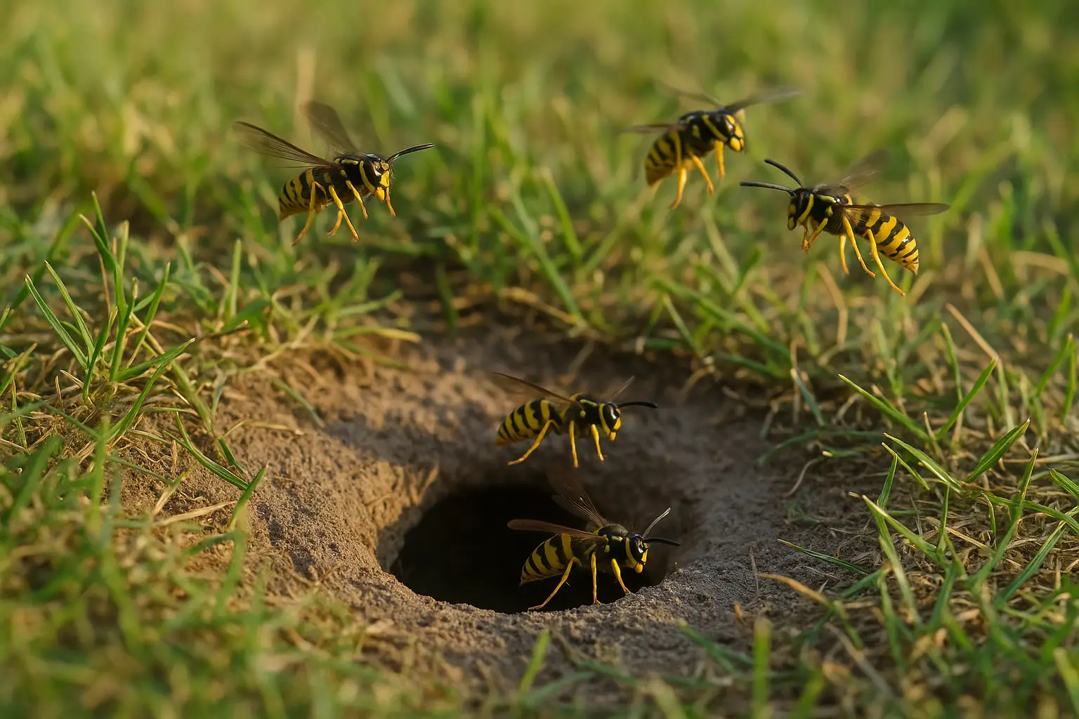 Yellowjackets flying in and out of a ground nest hole in a McKinney TX lawn