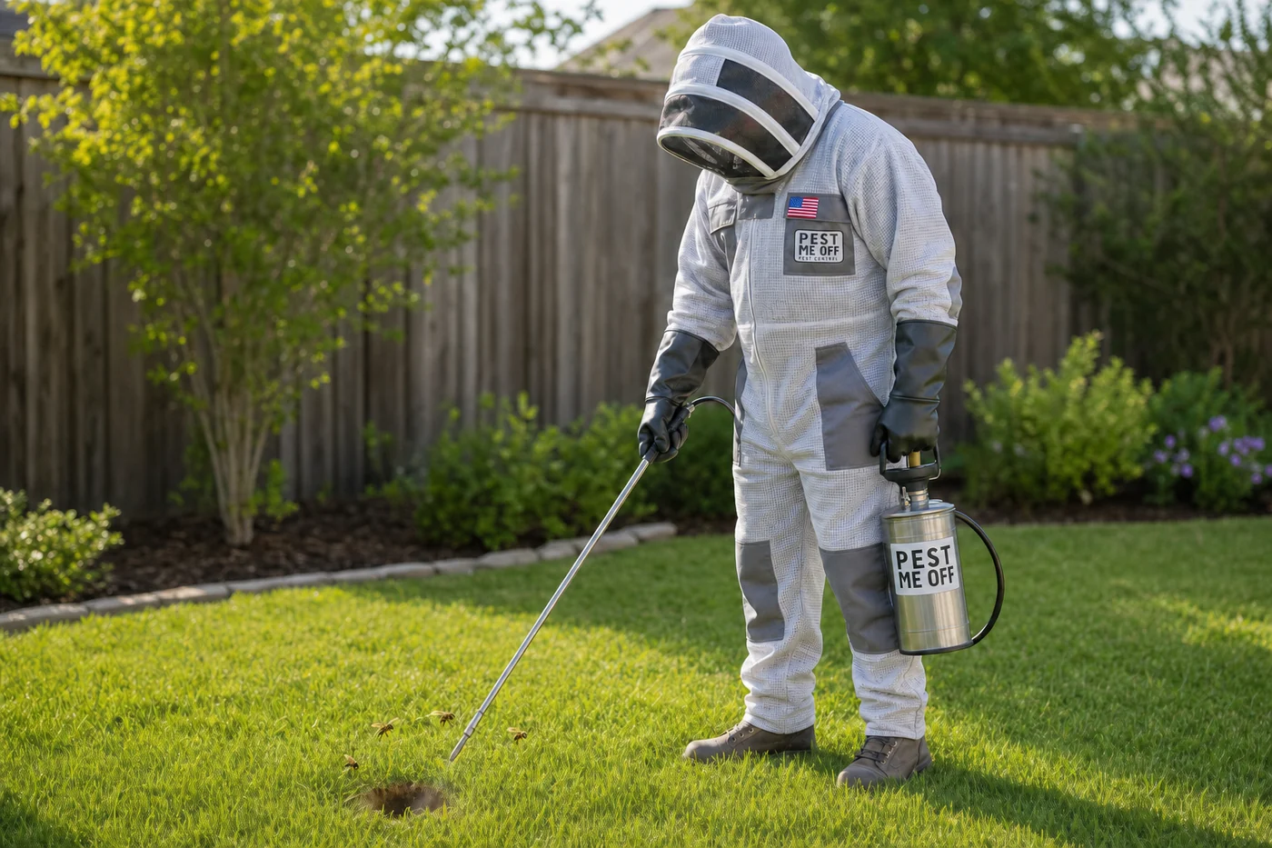 Pest Me Off technician in a protective bee suit treating an in-ground yellowjacket nest in a McKinney TX yard