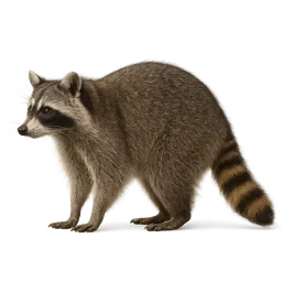 A whole raccoon standing side-on, showing its gray coat, black mask and dark-ringed tail
