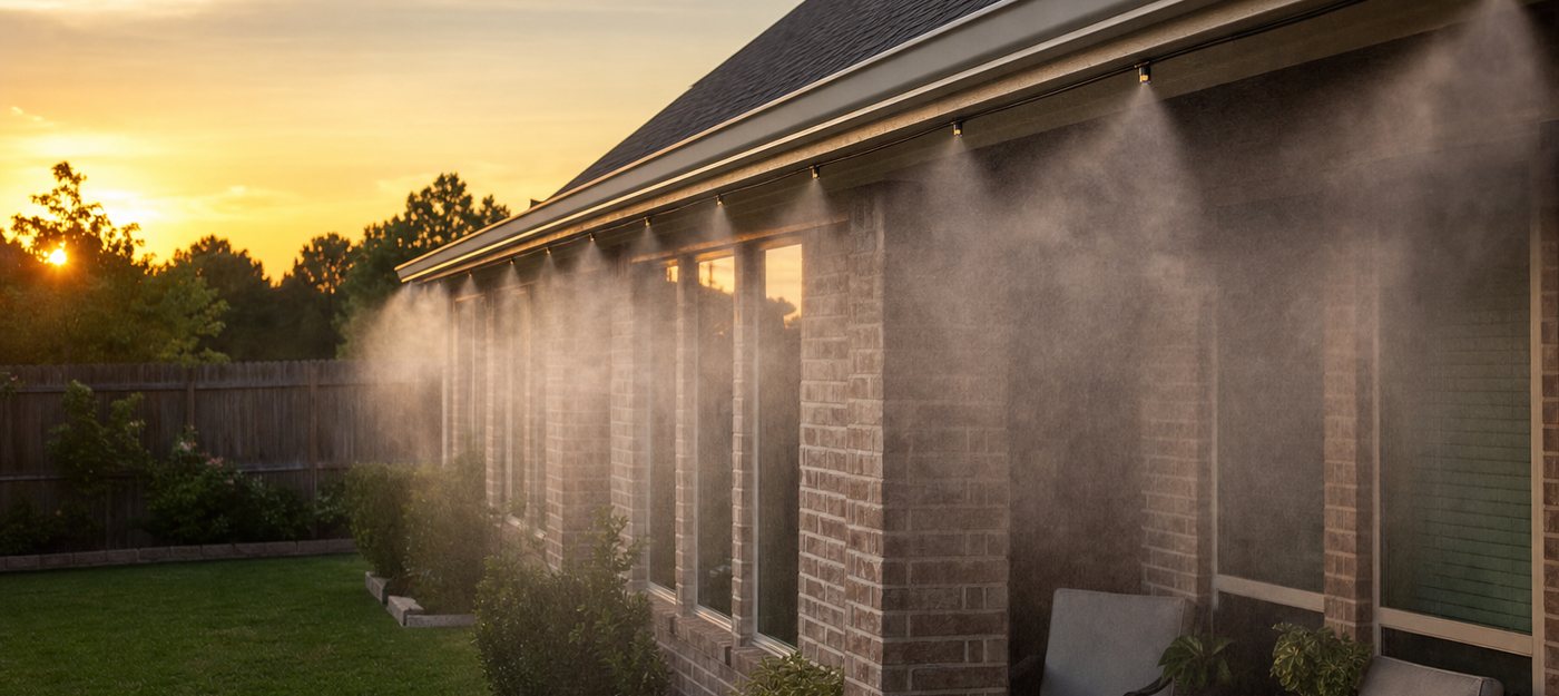 Mosquito misting nozzles under the eaves of a brick home sending out a fine mist at dusk