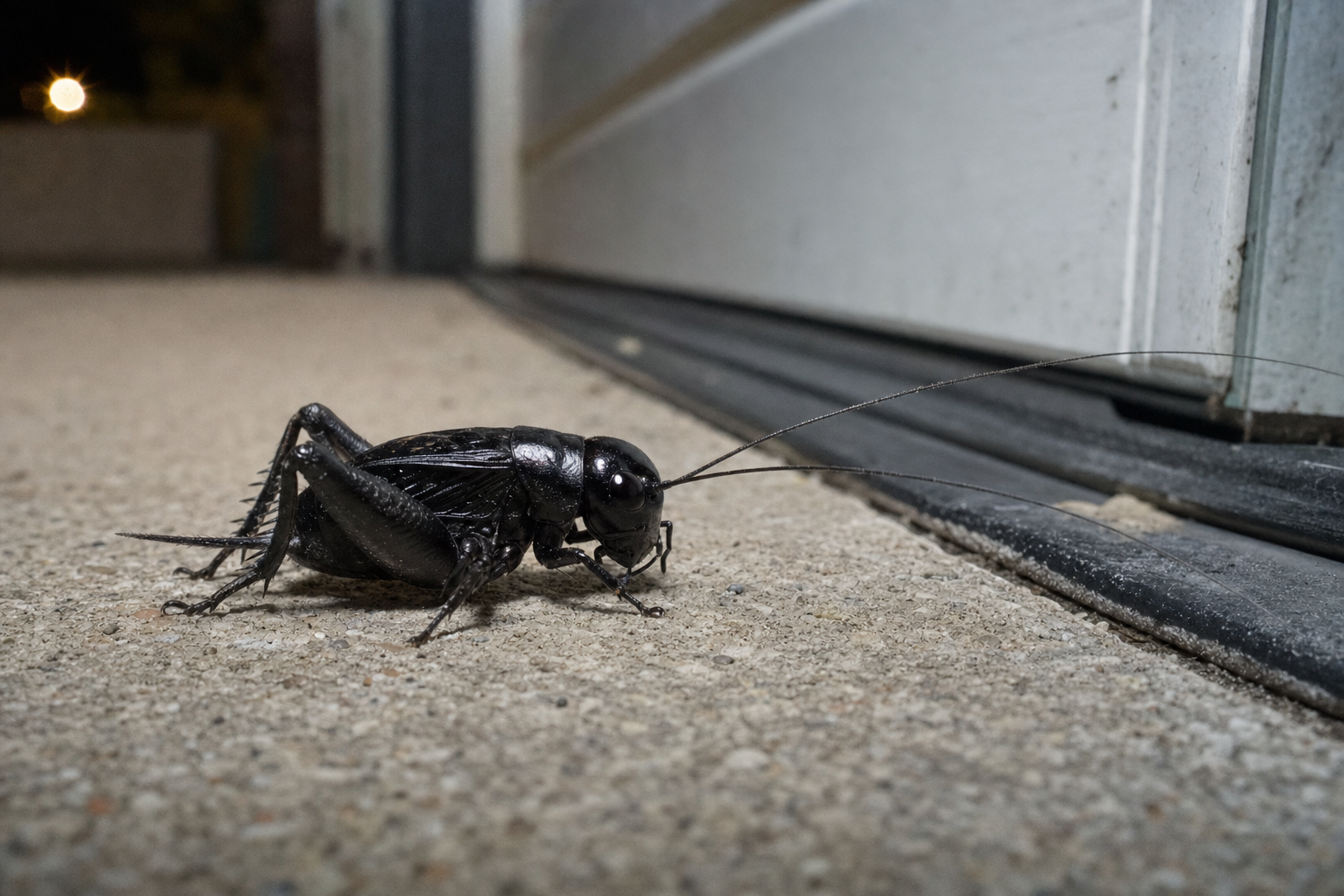 Black field cricket on concrete beside a garage door track at night in McKinney, the species behind late summer hopper season