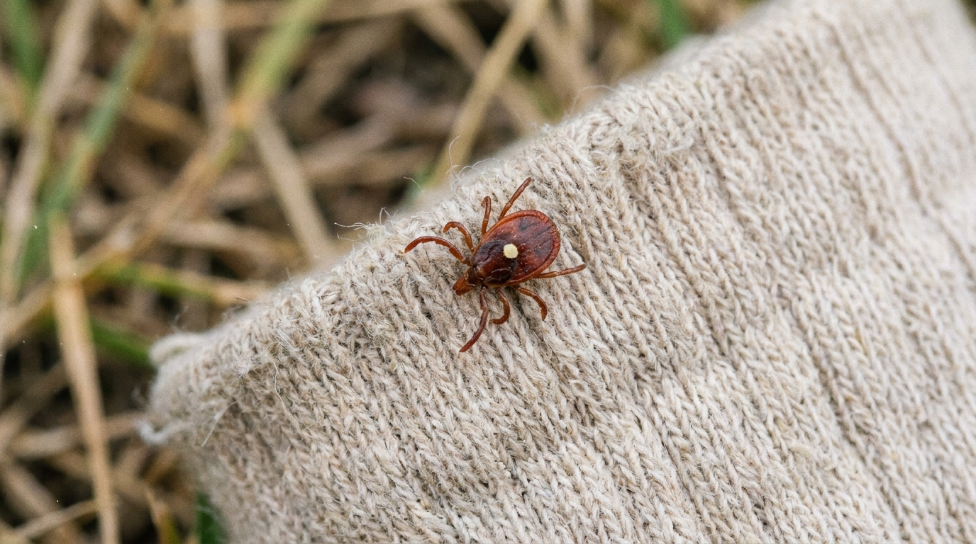 Lone star tick walking across light fabric, the single cream spot on her back clearly visible