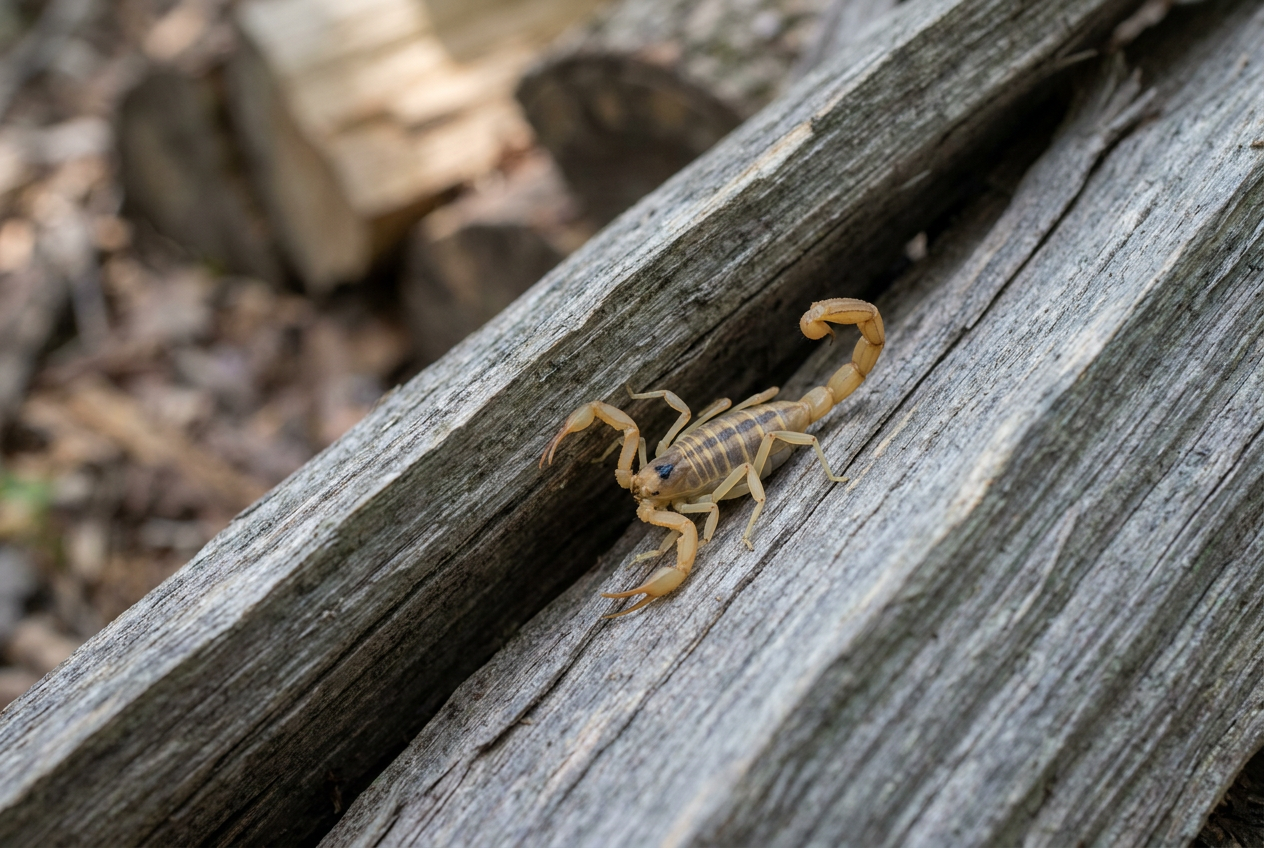 Striped bark scorpion on weathered firewood, the pale tan body and two dark stripes that identify the species found in Collin County