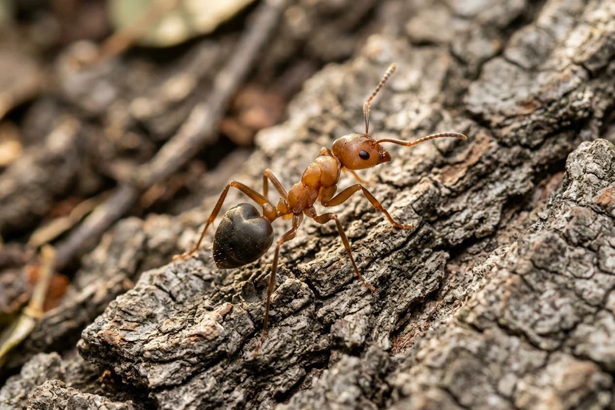 An acrobat ant climbing tree bark, its dark heart-shaped abdomen showing