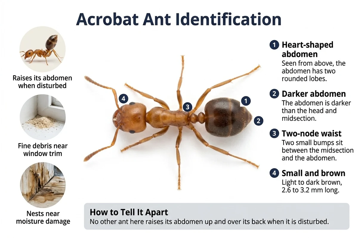 Labeled diagram of an acrobat ant seen from above, pointing out its heart-shaped, darker abdomen and two-node waist
