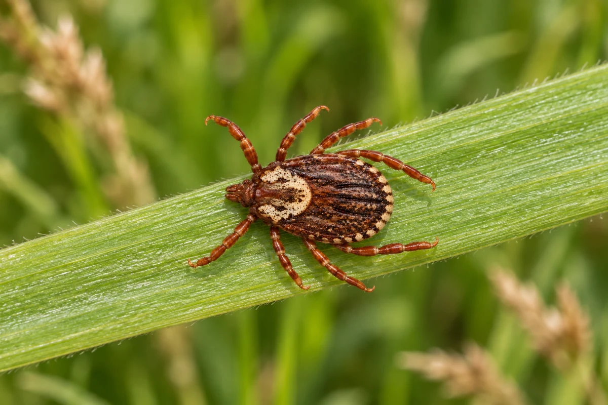 An American dog tick waiting on the tip of a grass blade at the edge of a lawn