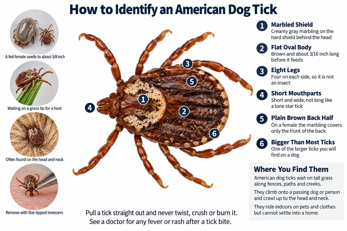 Labeled photo of an American dog tick pointing out its marbled shield, brown body, eight legs, short mouthparts and the size it swells to after feeding