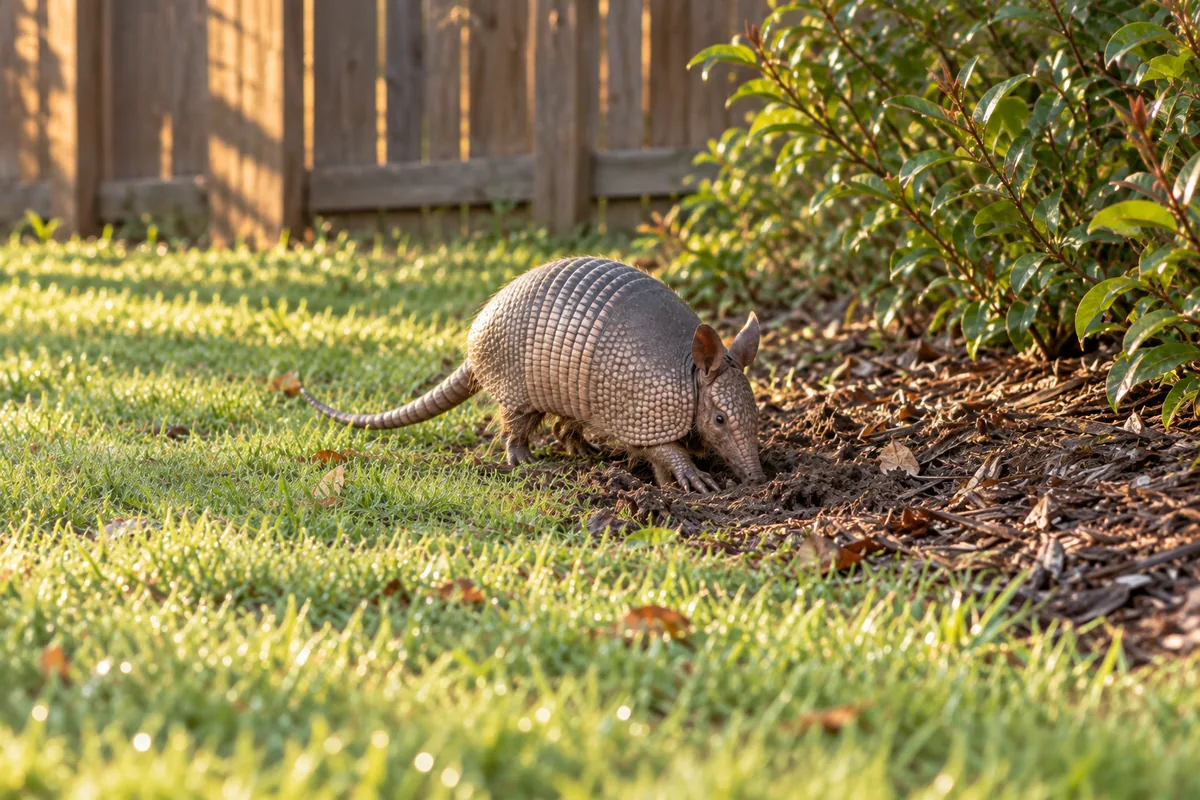 Nine-banded Armadillo digging in a flower bed in Collin County, showing its armored shell with nine bands across the middle