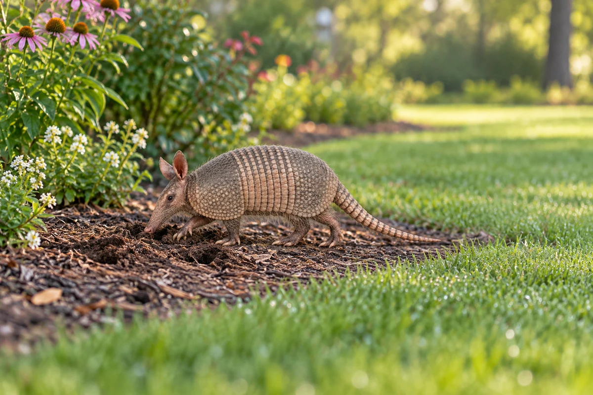 A nine-banded armadillo digging at the edge of a lawn beside a flower bed at dusk