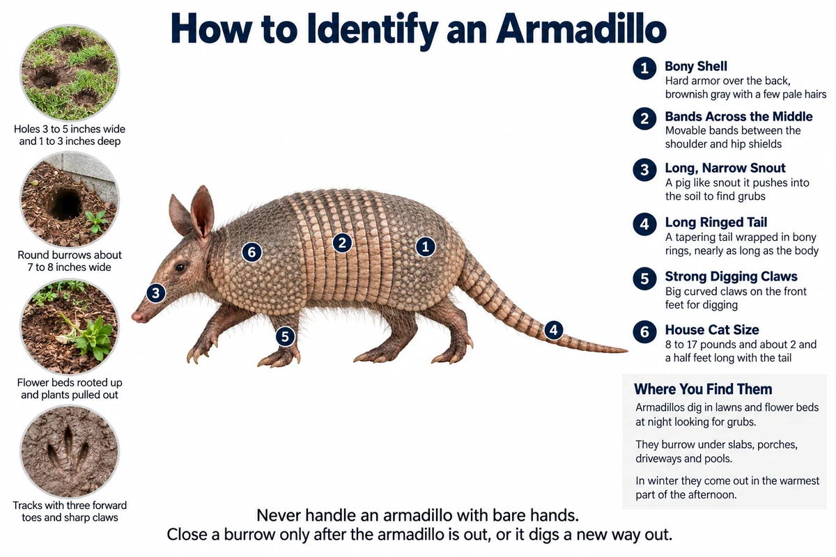 Labeled photo of a nine-banded armadillo pointing out its bony shell, the bands across its middle, its long snout, its ringed tail and its digging claws, with the holes, burrows and tracks it leaves