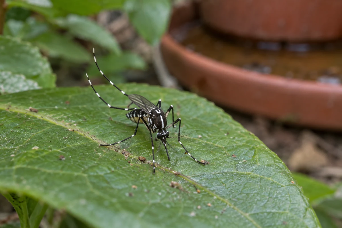 Asian Tiger Mosquito (Tiger Mosquito) on natural substrate showing single white dorsal stripe and banded legs