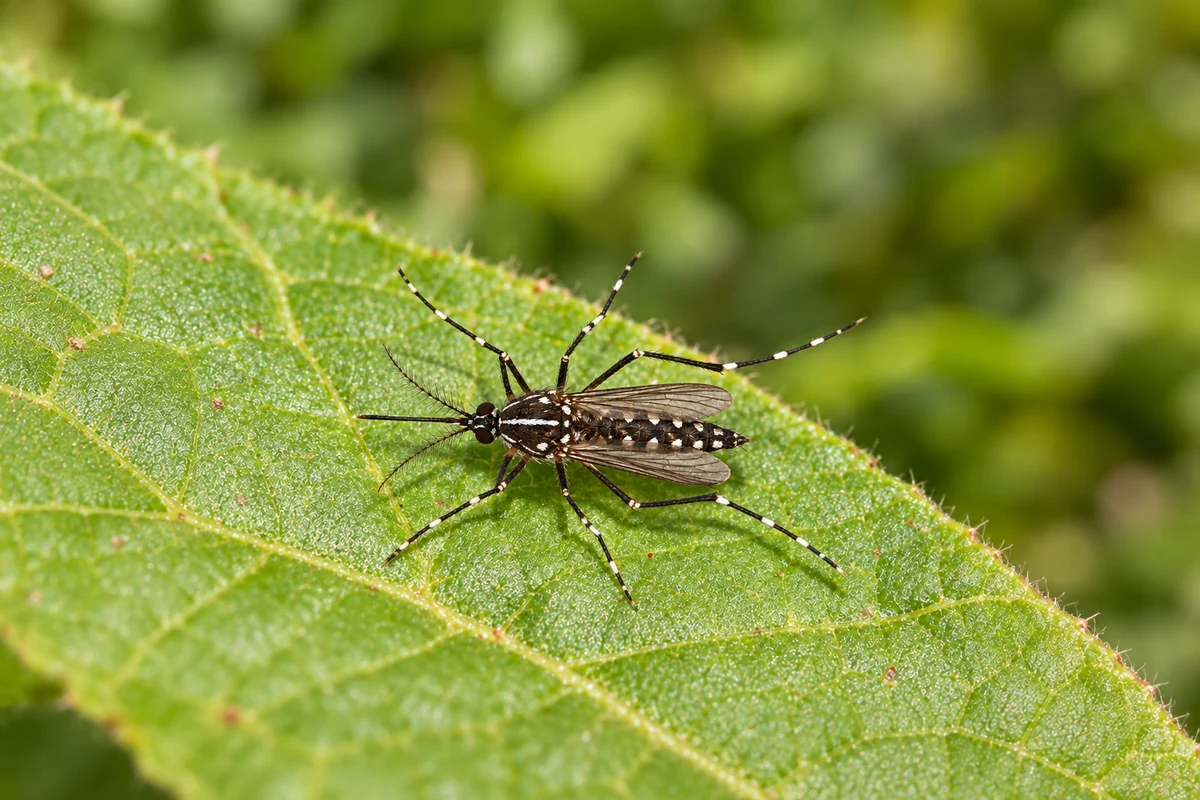 A black and white striped Asian tiger mosquito resting on a leaf above a flowerpot saucer of standing water