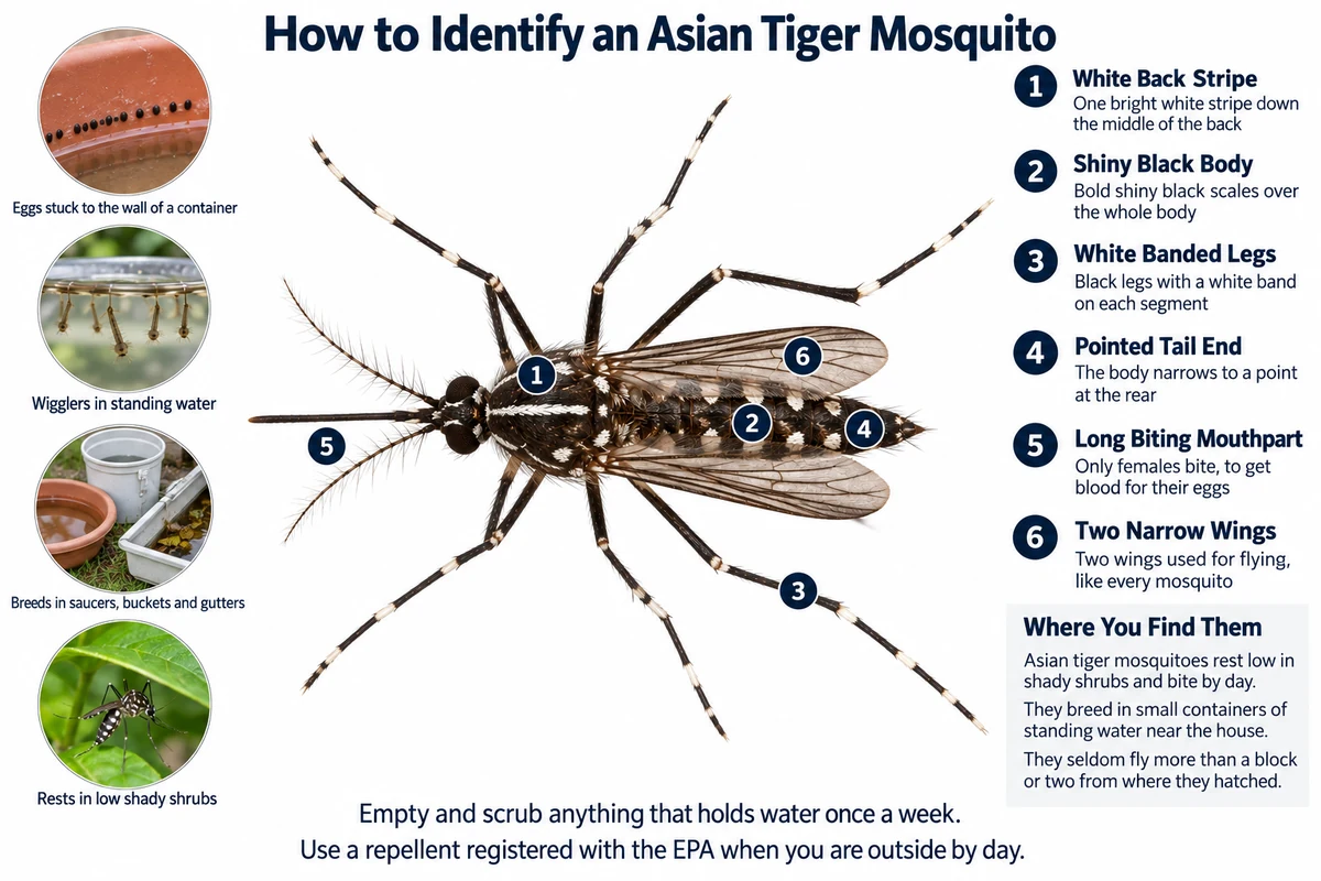 Labeled photo of an Asian tiger mosquito pointing out its black body, the white stripe down its back, its striped legs, white-tipped palps and pointed abdomen, with the containers where it breeds
