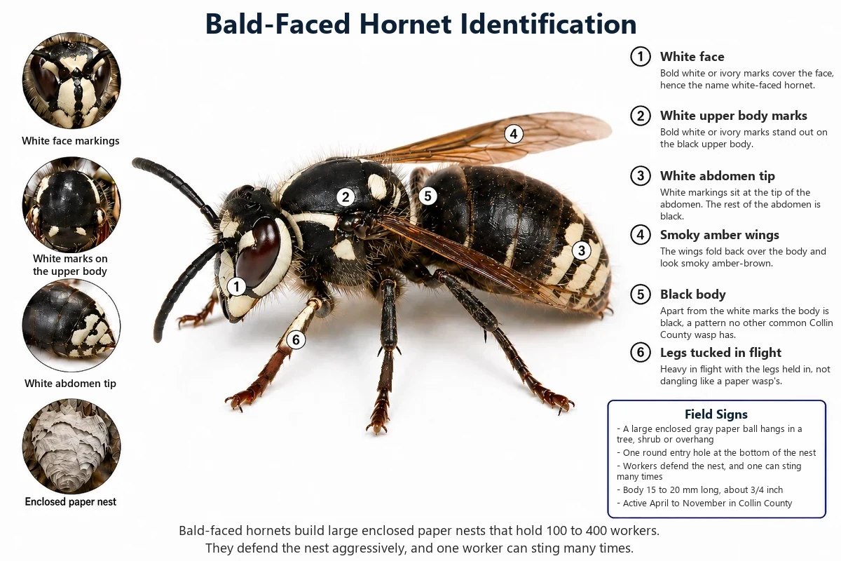 Labeled photo of a bald-faced hornet pointing out the black body, the white face markings and the enclosed gray paper nest