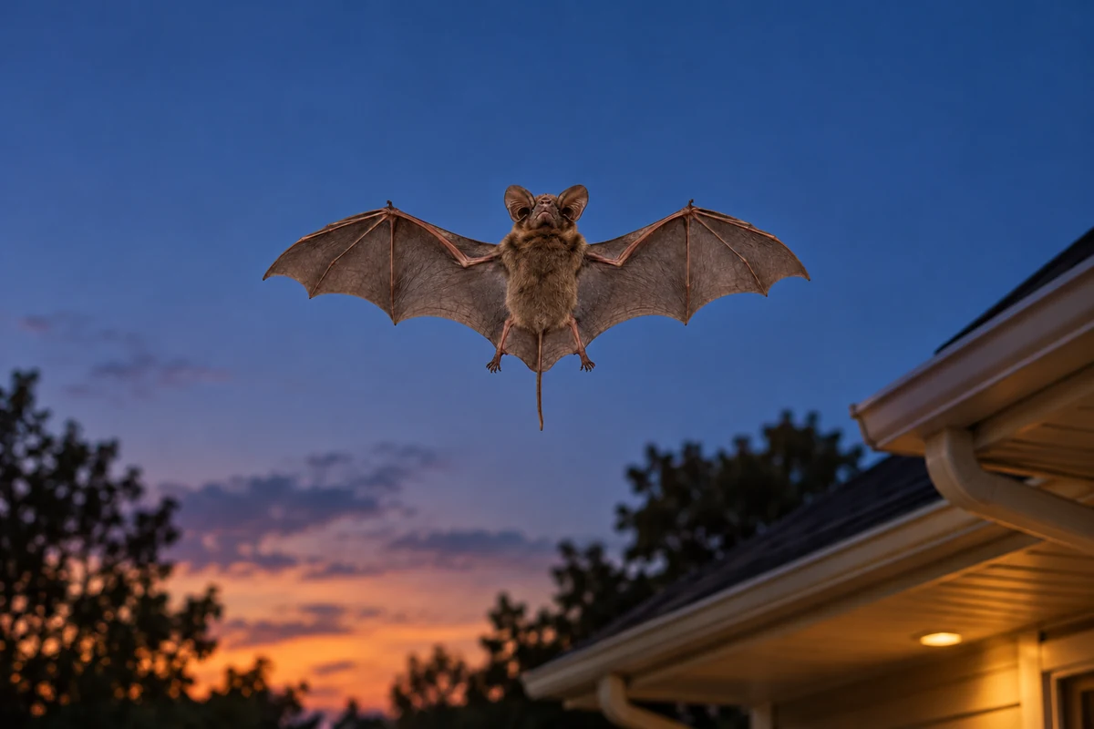 A Mexican free-tailed bat with its dark wings spread, leaving a gap at a roofline at dusk