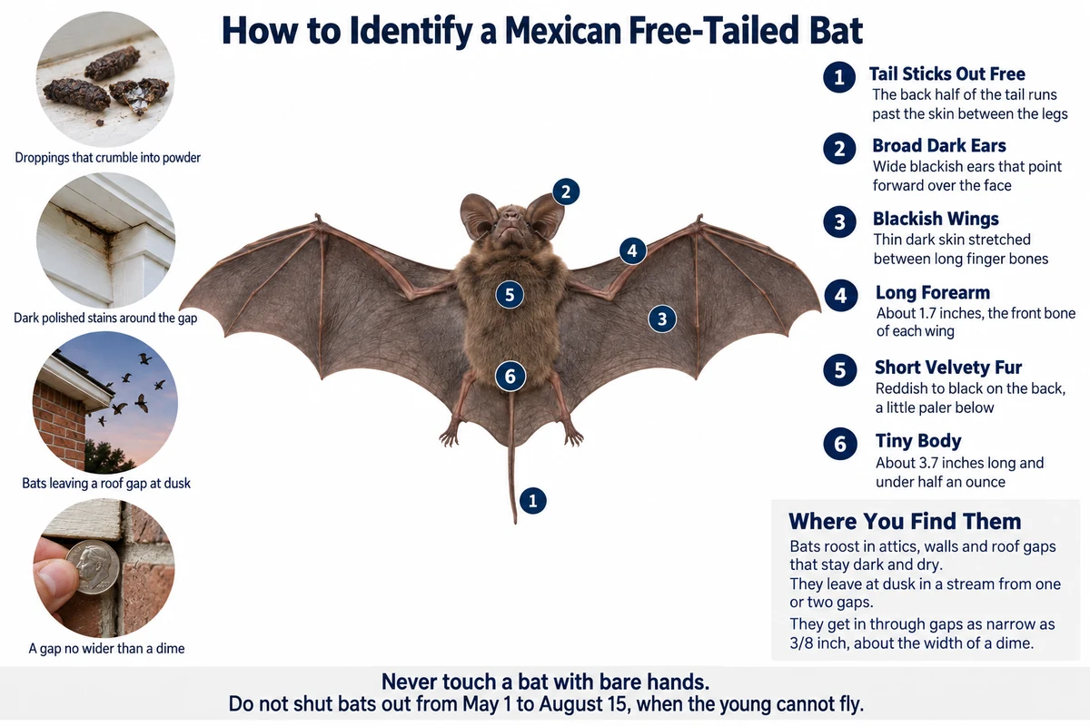 Labeled photo of a Mexican free-tailed bat seen from above pointing out its free tail, broad ears, dark wings, forearm, fur and small size, with its droppings, roofline stains and the gaps it uses