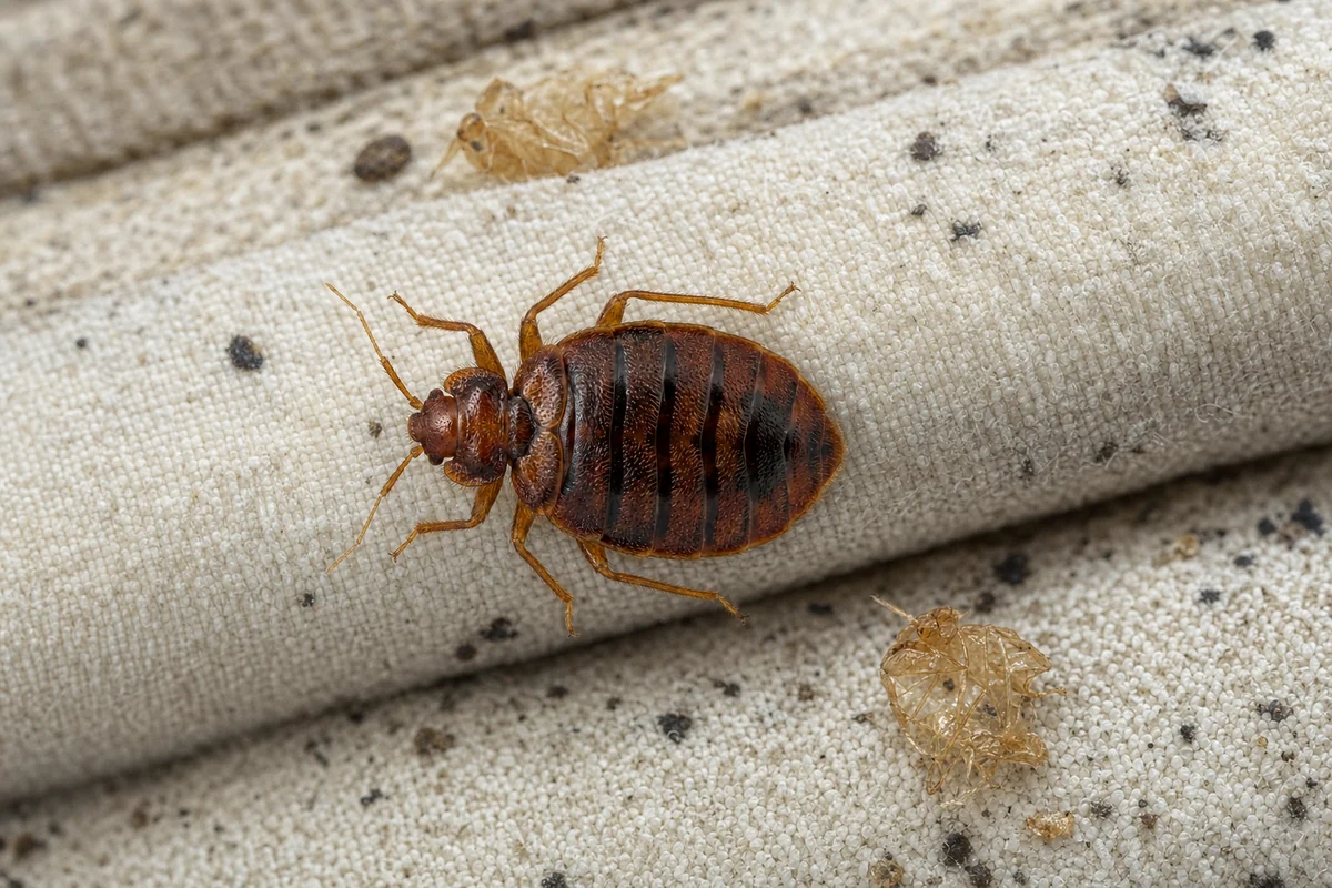 A bed bug on a mattress seam beside its dark droppings and pale shed skins