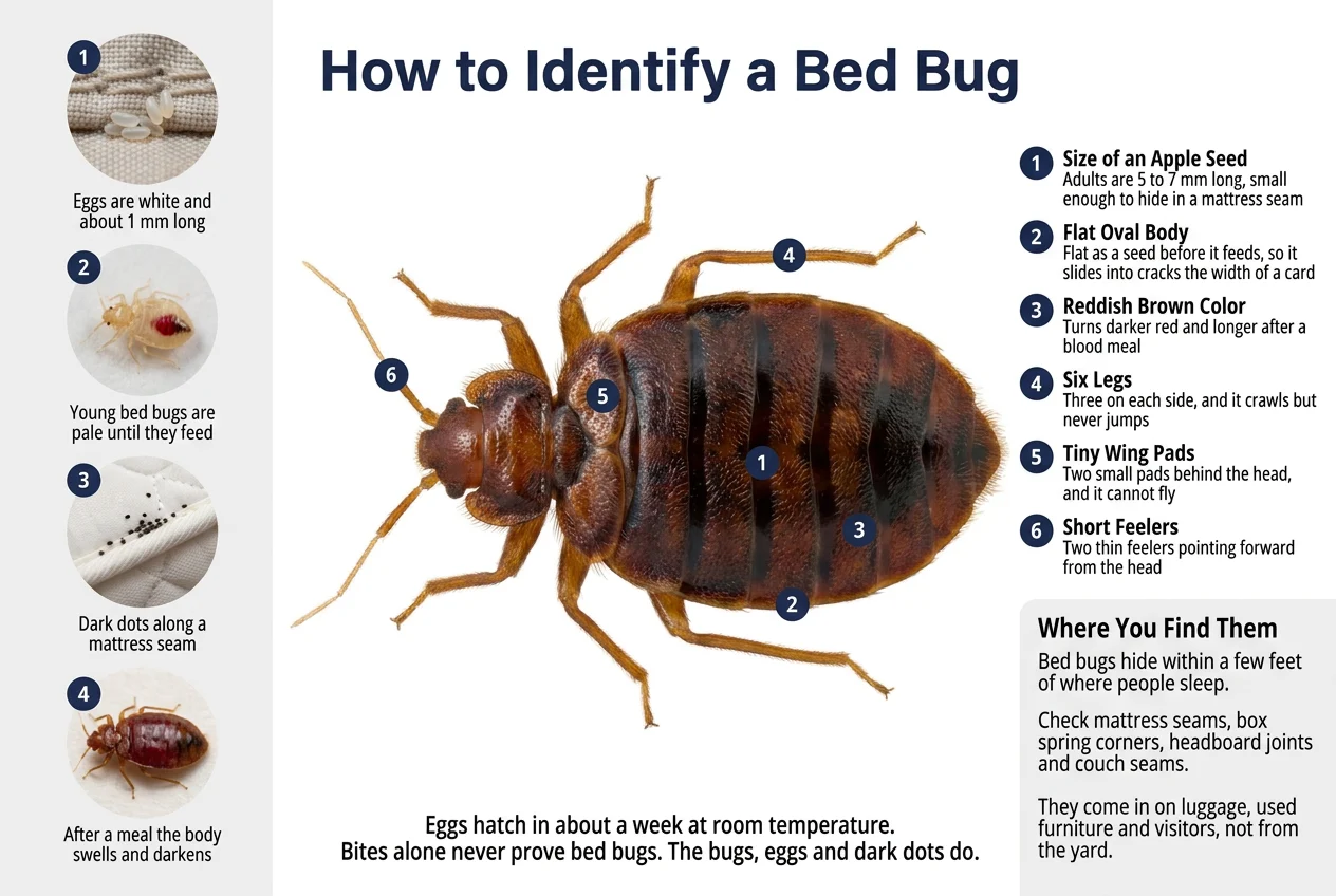 Labeled photo of a bed bug pointing out its apple-seed size, flat oval body, six legs, wing pads and short feelers, with its eggs, young and droppings