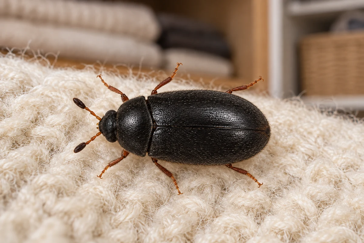 A small shiny black oval carpet beetle on a cream wool rug beside a sunny window