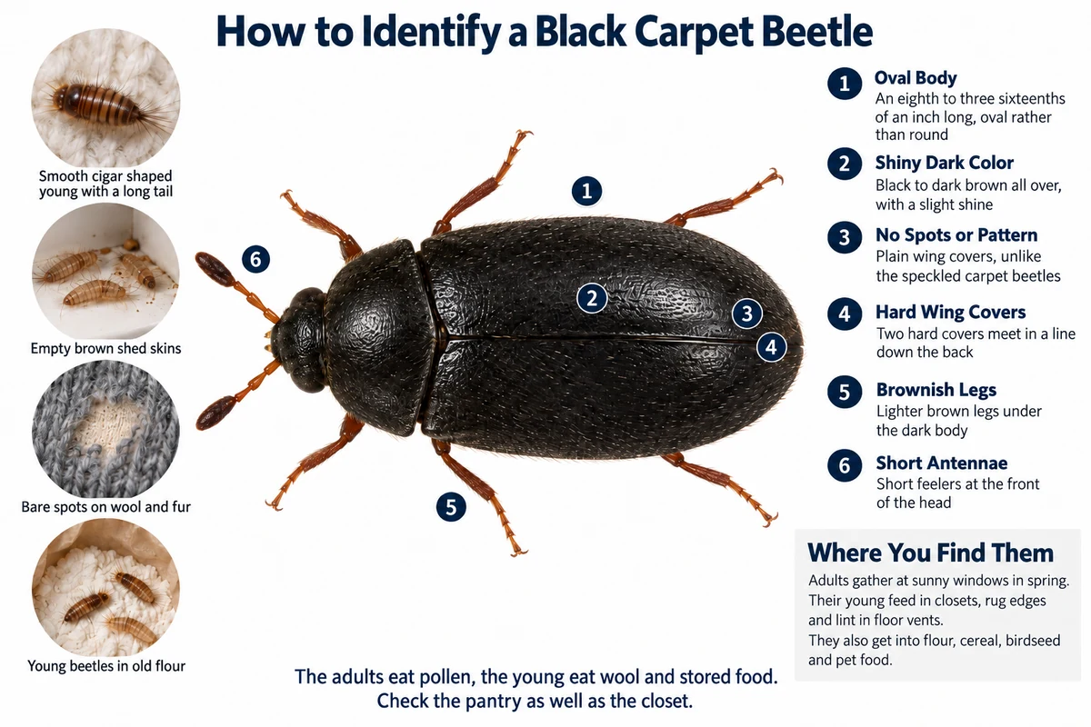 Labeled photo of a black carpet beetle pointing out its shiny oval body, plain dark wing covers, brownish legs and short antennae, with its cigar-shaped young, shed skins and damaged flour
