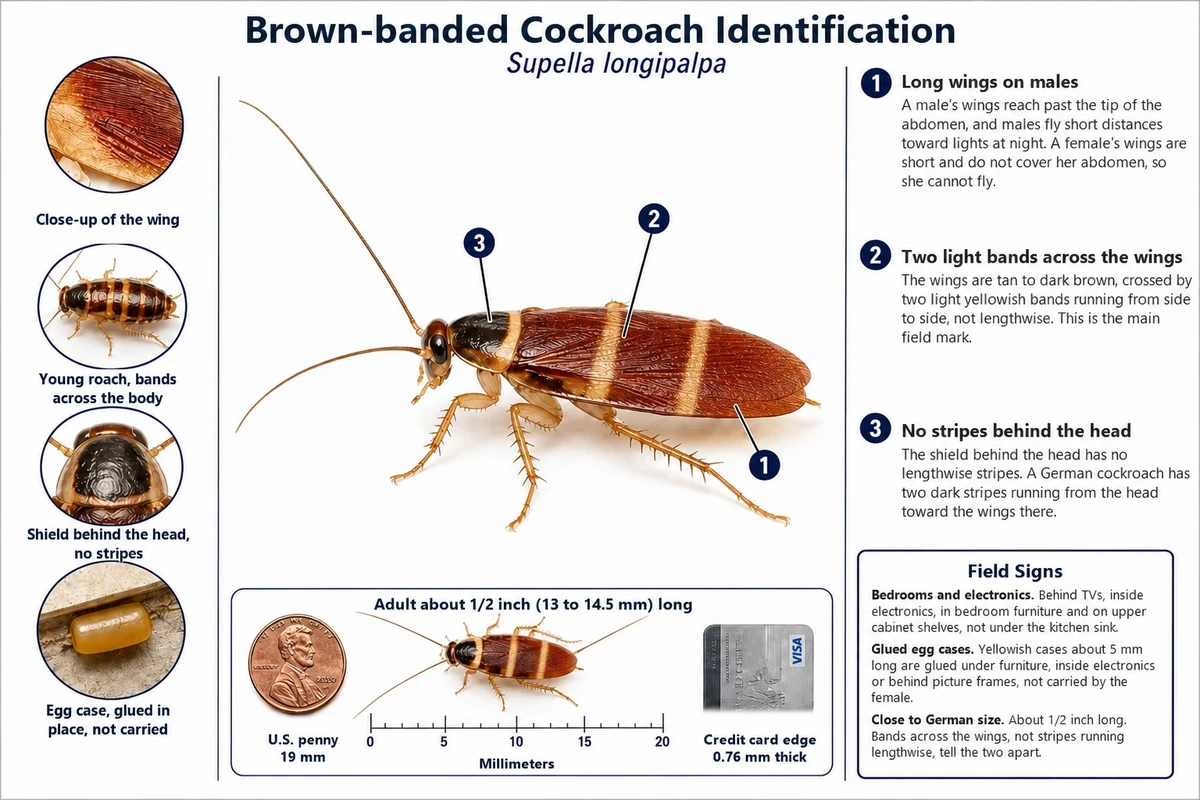Labeled diagram of a brown-banded cockroach pointing out the bands across its wings, its size and the longer wings of the male