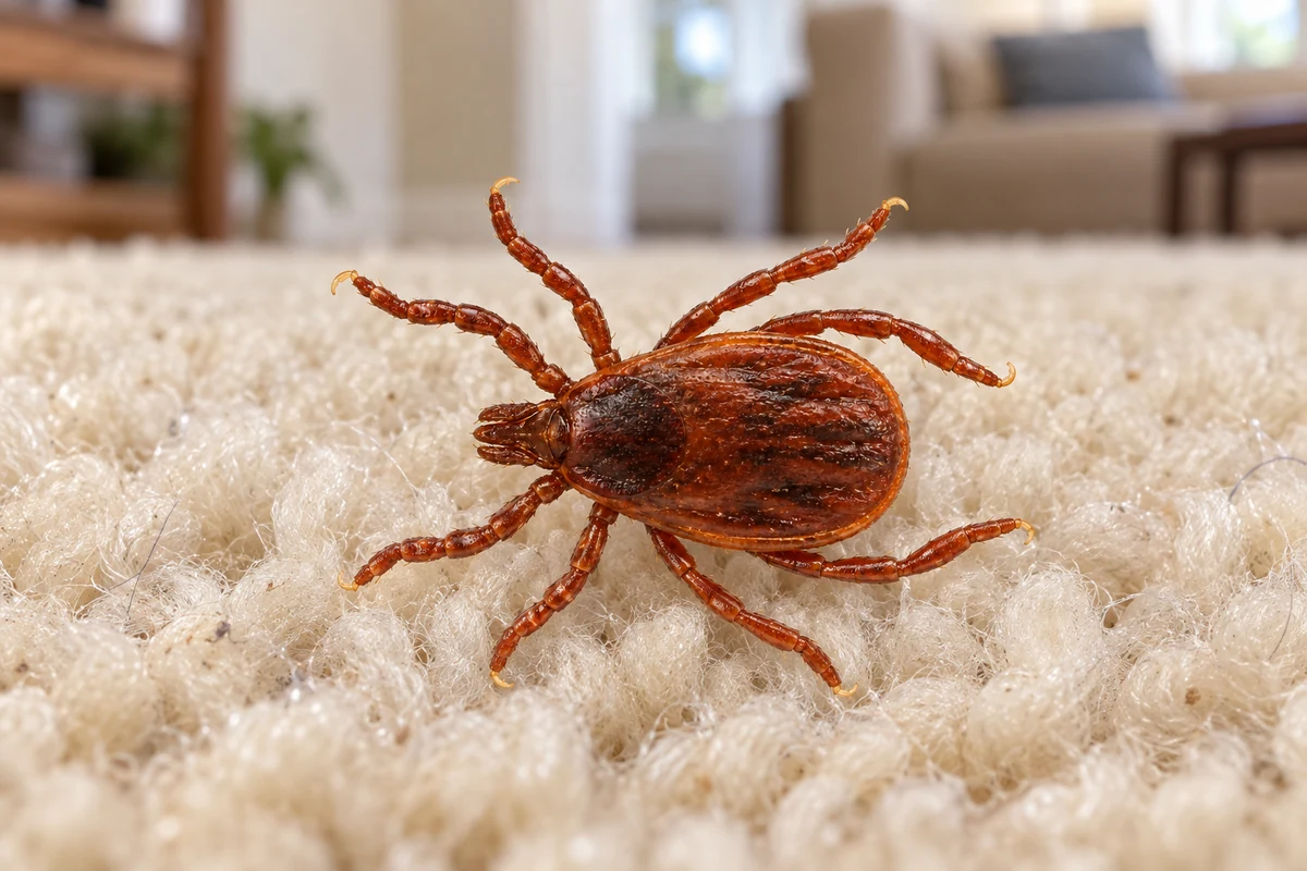 A brown dog tick crawling up a painted wall just above a baseboard inside a home