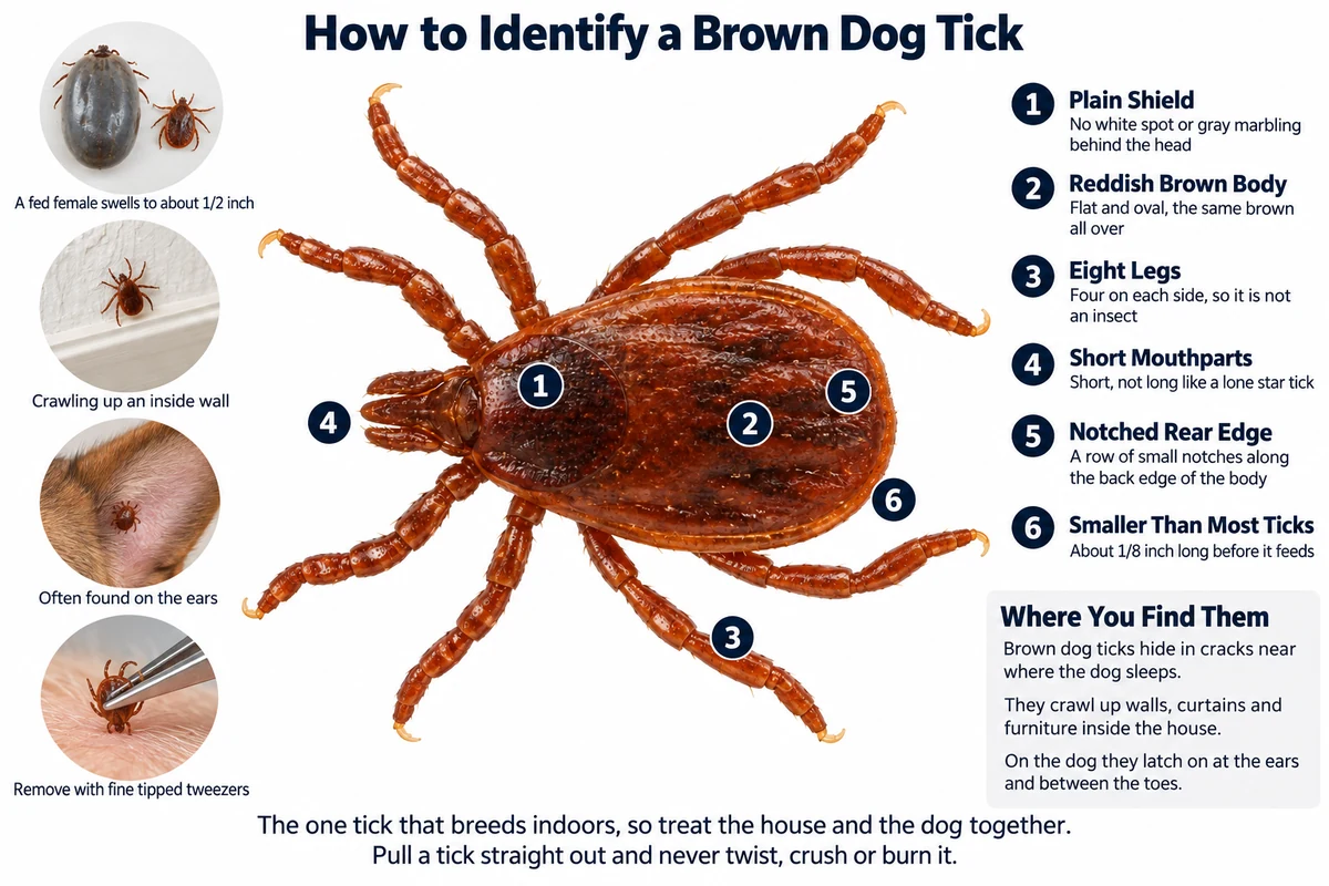 Labeled photo of a brown dog tick pointing out its plain reddish brown back, eight legs, short mouthparts and the size it swells to after feeding