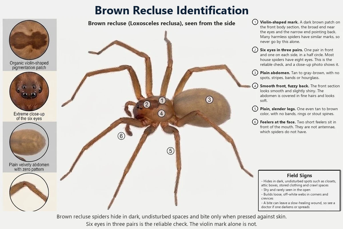 Labeled diagram of a brown recluse spider pointing out the violin-shaped mark, the six eyes in three pairs, the plain abdomen, the slender unbanded legs and the short feelers at the front of the face