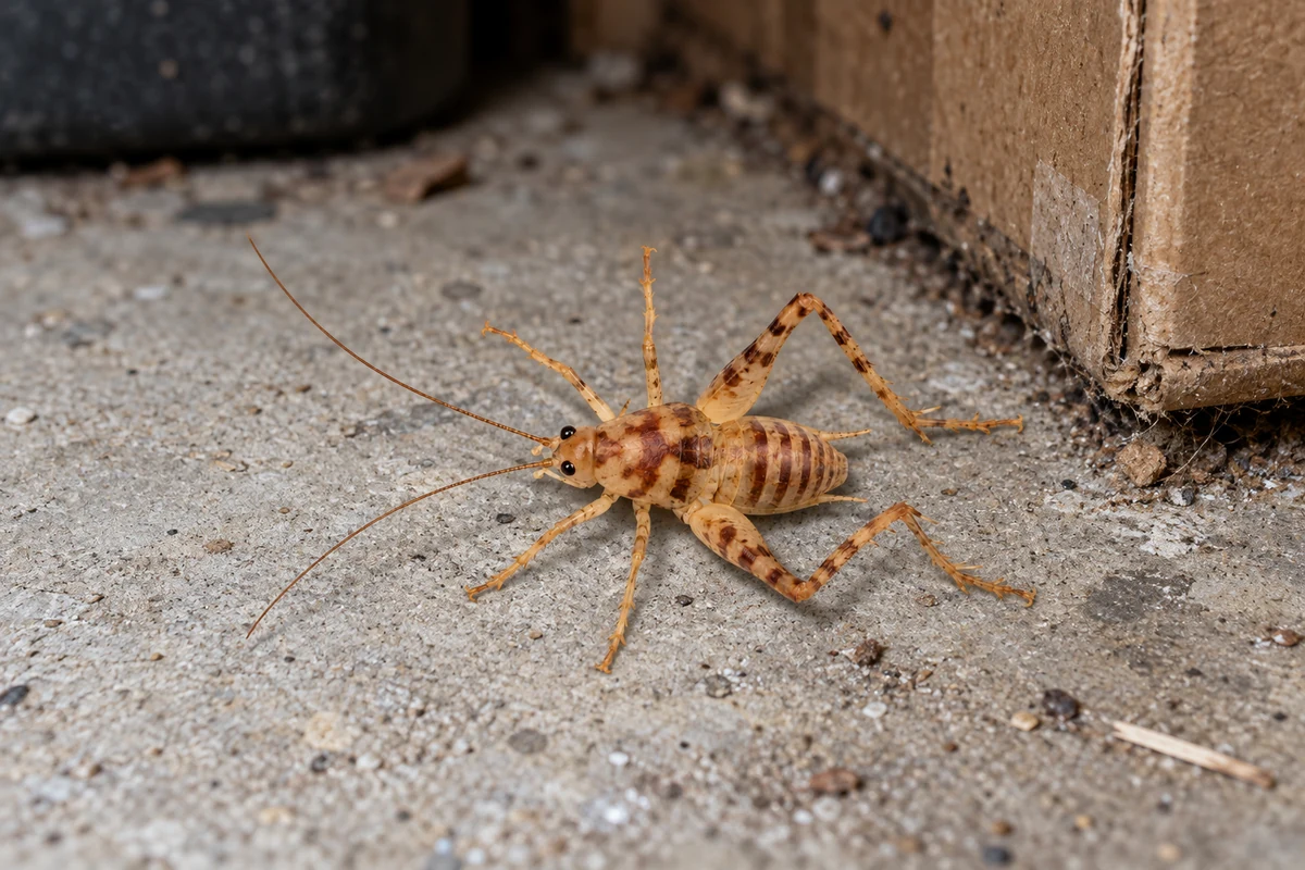 A brown humpbacked camel cricket with long legs and antennae on a garage floor