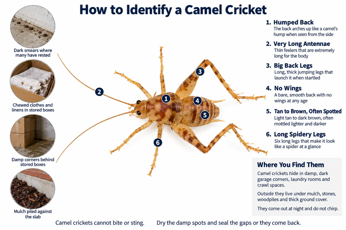 Labeled photo of a camel cricket pointing out its humped back, very long antennae, long back legs, missing wings and mottled brown color, with the dark smears and chewed boxes it leaves behind