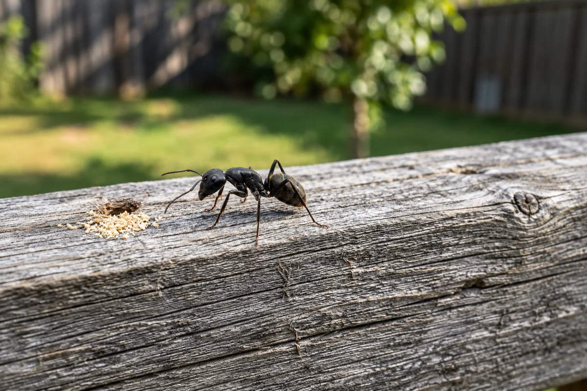 Carpenter ant on weathered wood beside its sawdust and gallery hole