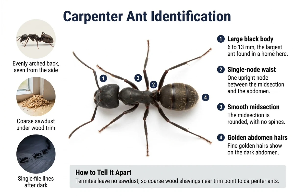 Labeled diagram of a carpenter ant seen from above, pointing out its large black body, single-node waist and golden abdomen hairs