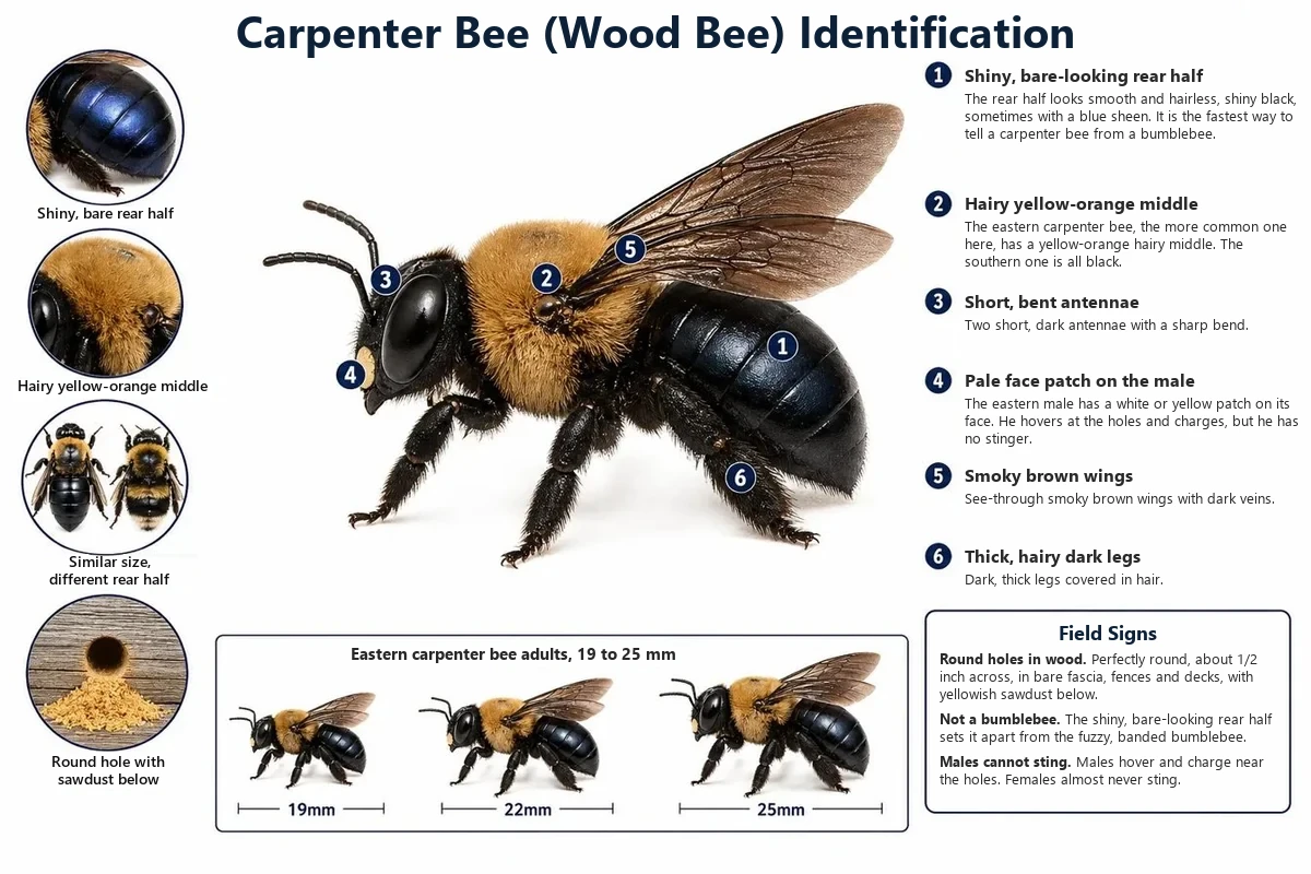 Labeled photo of a carpenter bee pointing out the shiny black rear half, the hairy middle and a round entry hole with yellowish sawdust below it