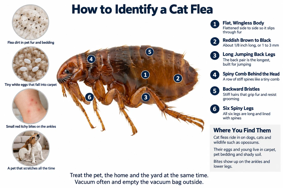 Labeled photo of a cat flea pointing out its flat wingless body, reddish brown color, long jumping legs, comb of spines and bristles, with flea dirt, eggs, ankle bites and a scratching dog