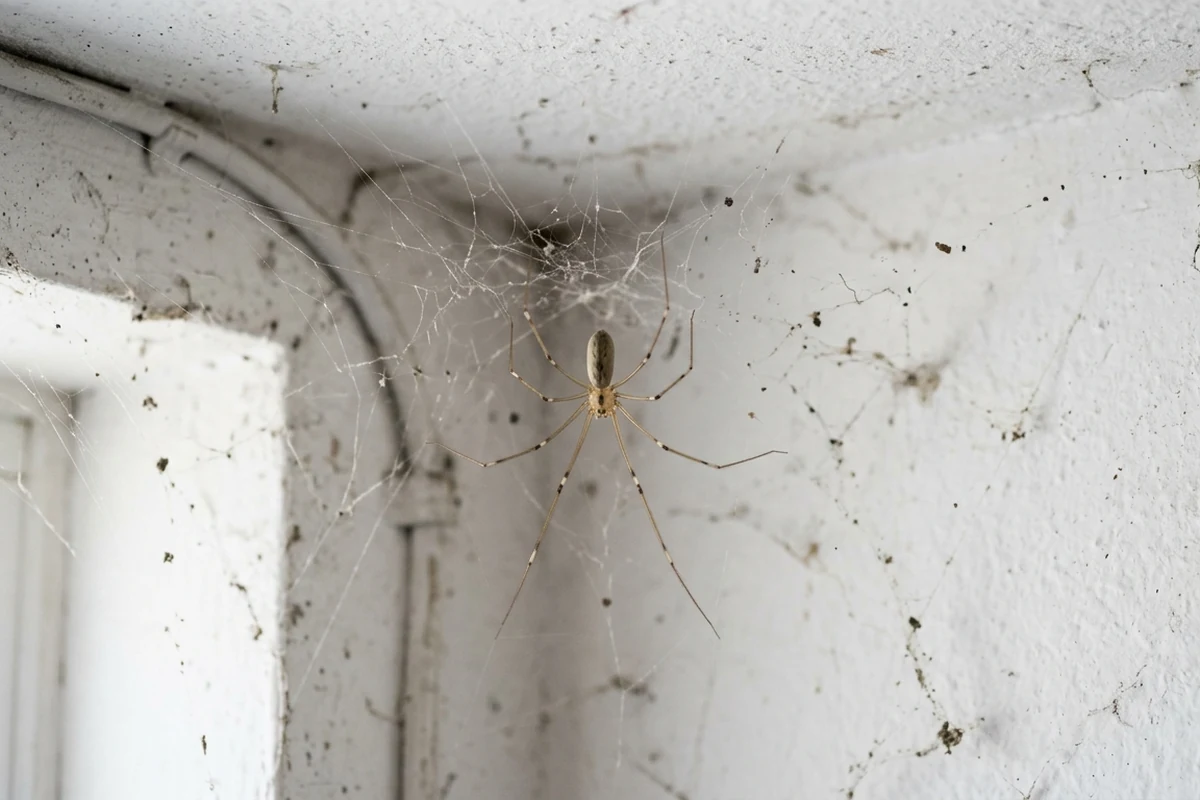 A cellar spider hanging in a loose web in a ceiling corner, with hair thin legs and a small narrow pale body