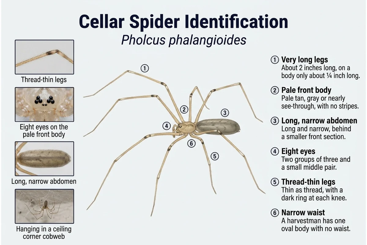 Labeled diagram of a cellar spider showing its very long thin legs, eight eyes, narrow waist and long, narrow abdomen