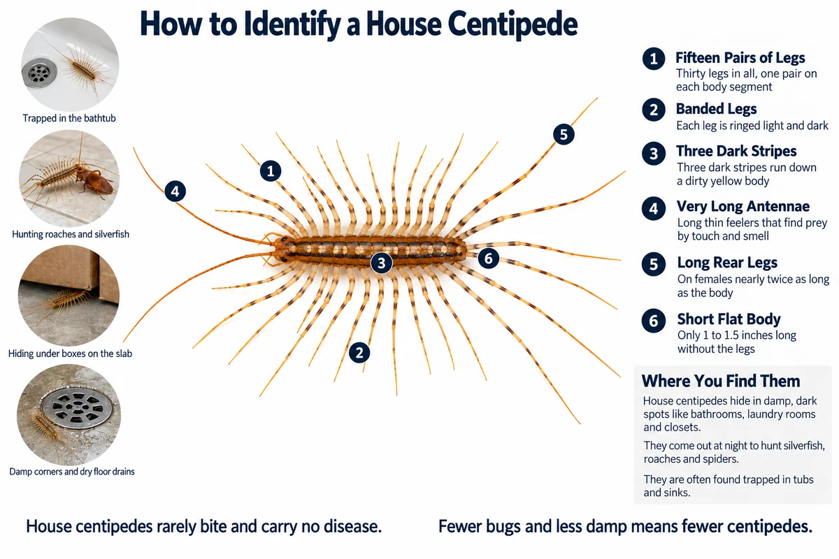 Labeled photo of a house centipede pointing out its 15 pairs of banded legs, striped body, long antennae and long rear legs, with pictures of where it turns up and what it eats