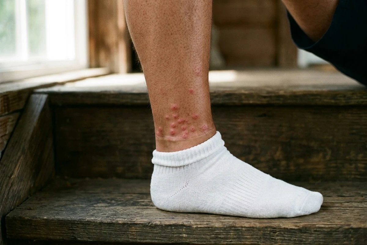 Chigger Bites, Why They Itch So Long and What Helps 11 A cluster of small red chigger bites around an ankle along the line of a sock