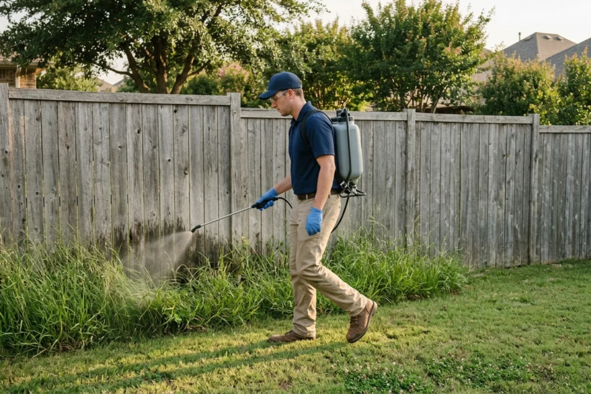 Chigger Control 4 Pest Me Off technician spraying the tall grass along a backyard wood fence with a backpack sprayer