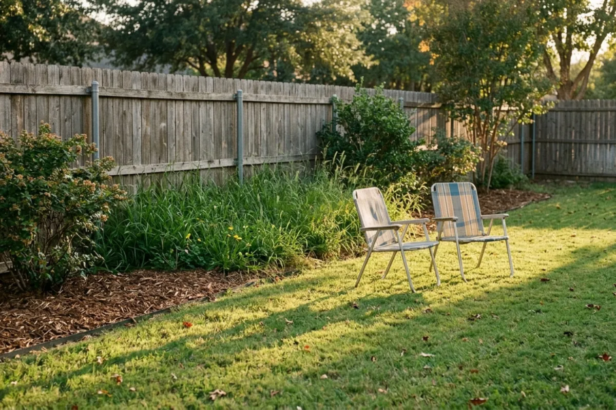 Backyard with tall grass and a shaded mulch bed along a wood fence and two lawn chairs on the sunny lawn