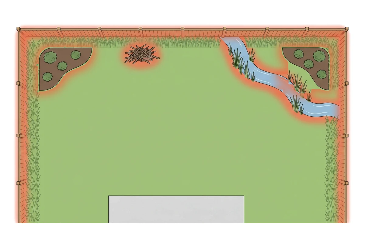 Chigger Control 7 Top-down yard plan with the fence line, tall grass edge, mulch beds, brush pile and creek edge shaded as chigger spots and the open lawn clear