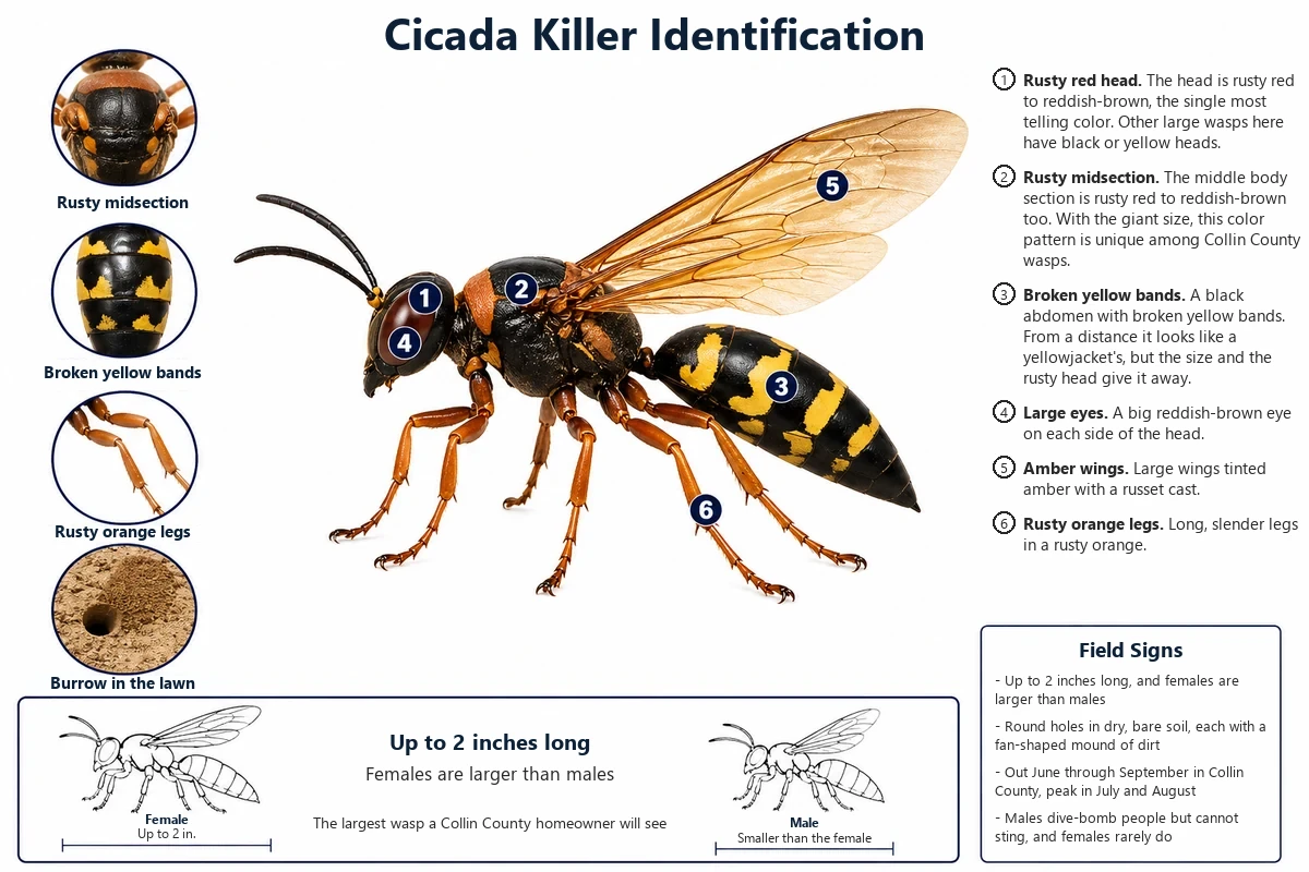 Labeled photo of a cicada killer pointing out the rusty head, the large amber wings, the yellow and black abdomen and the large legs