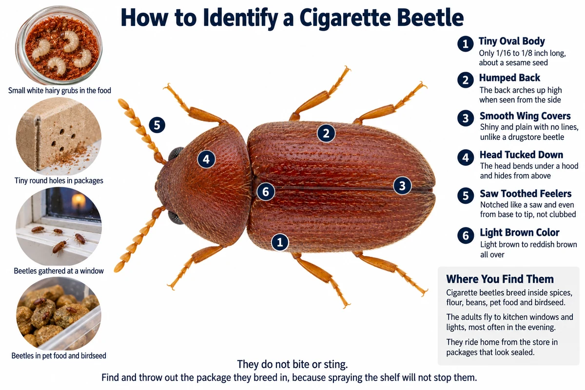 Labeled photo of a cigarette beetle pointing out its humped back, smooth wing covers, saw-toothed feelers and hidden head, with its grubs, pinholes in packaging and beetles at a window
