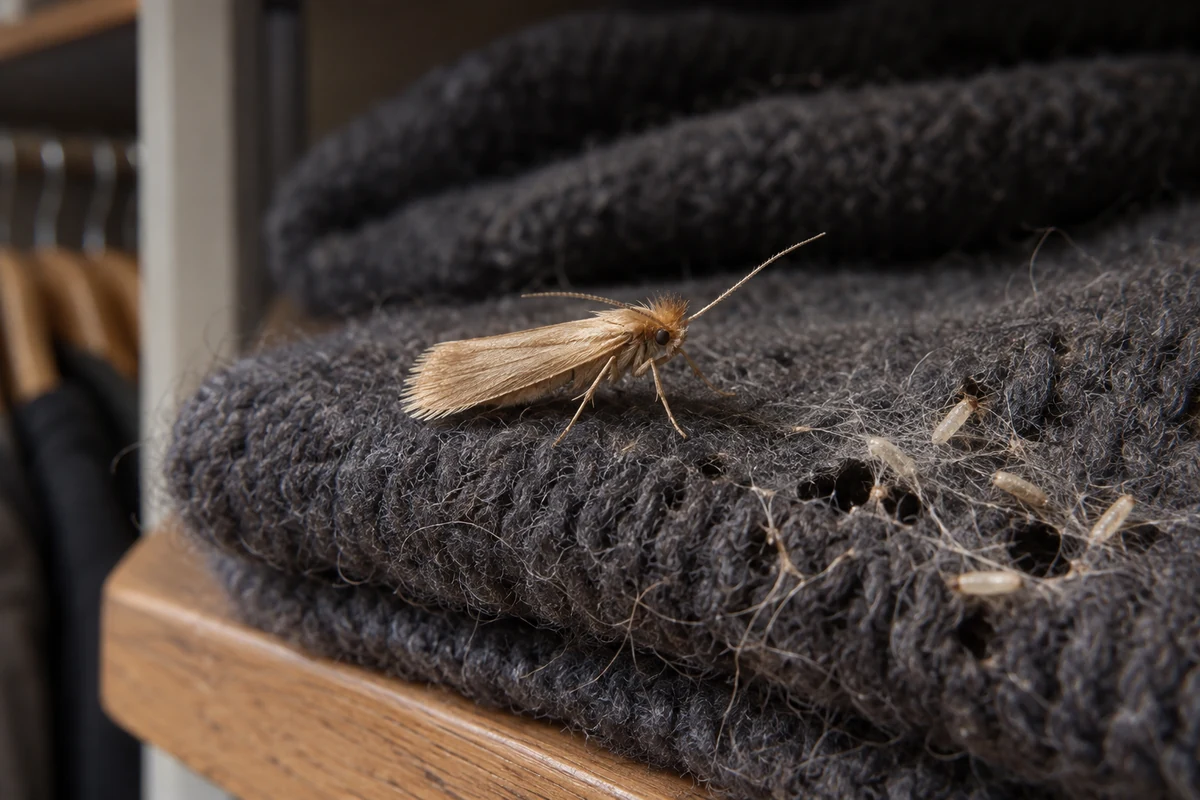 A webbing clothes moth resting on a wool sweater in a closet beside small chewed holes, silk webbing and tiny larval cases